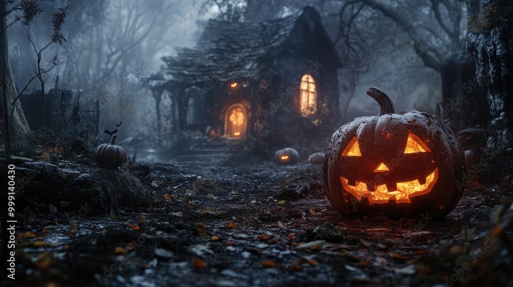 Halloween pumpkin lantern on display in eerie setting Halloween pumpkin lantern on display in eerie setting
