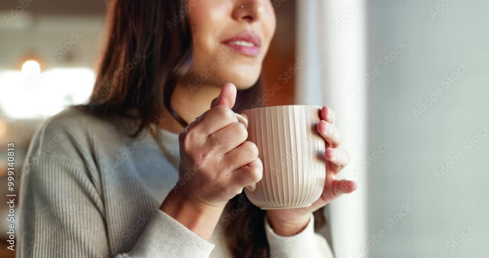 Thinking, window and coffee with hand of woman in living room for ...