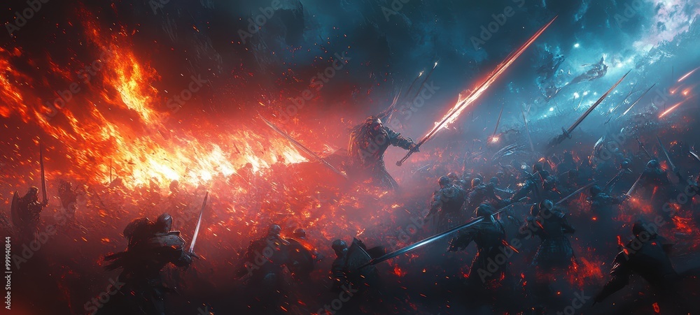 A fierce battle scene, with warriors clashing A fierce battle scene, with warriors clashing