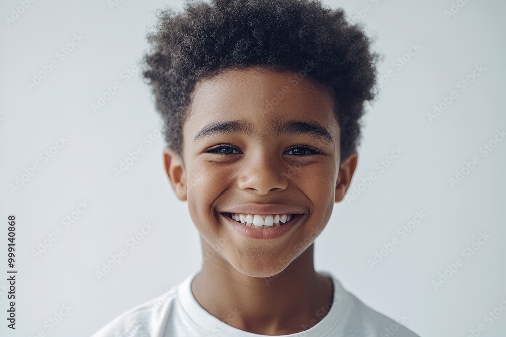 A Young Boy Smiles Brightly While Posing Against a Neutral Background in a Well-Lit Indoor Space A Young Boy Smiles Brightly While Posing Against a Neutral Background in a Well-Lit Indoor Space