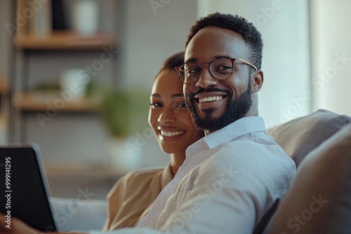 Happy Couple Enjoying Quality Time Together on a Cozy Couch While Using a Laptop in a Modern Living Room Setting