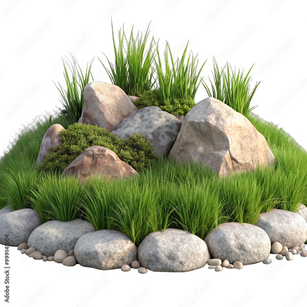 A circular cluster of grey rocks sits amidst lush green grass and small shrubs, creating a natural, decorative landscaping feature A circular cluster of grey rocks sits amidst lush green grass and small shrubs, creating a natural, decorative landscaping feature