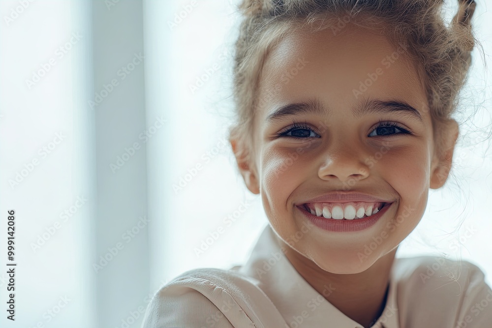 Naklejka premium Smiling Girl With Curly Hair Enjoying a Bright Morning Indoors at Home