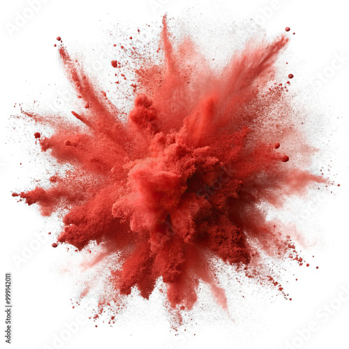 Red chalk pieces explode against a transparent background, creating a vibrant dust cloud