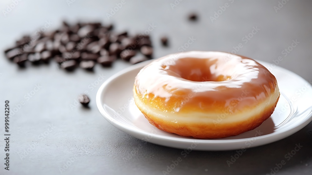 Glazed Donut on a White Plate with Coffee Beans Glazed Donut on a White Plate with Coffee Beans