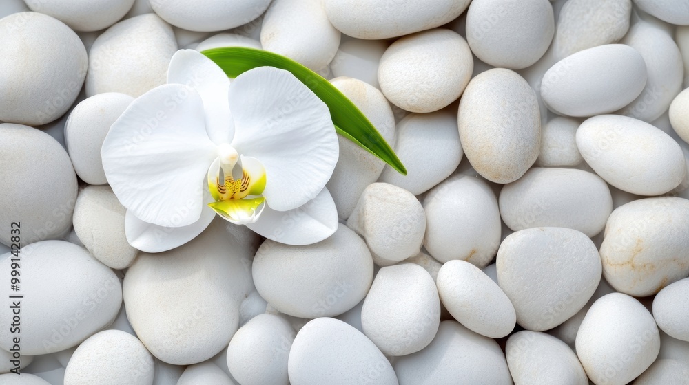 Elegant White Orchid on Smooth Pebbles Background Elegant White Orchid on Smooth Pebbles Background