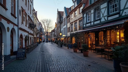 A cobblestone street lined with historic buildings and cafes in the evening.