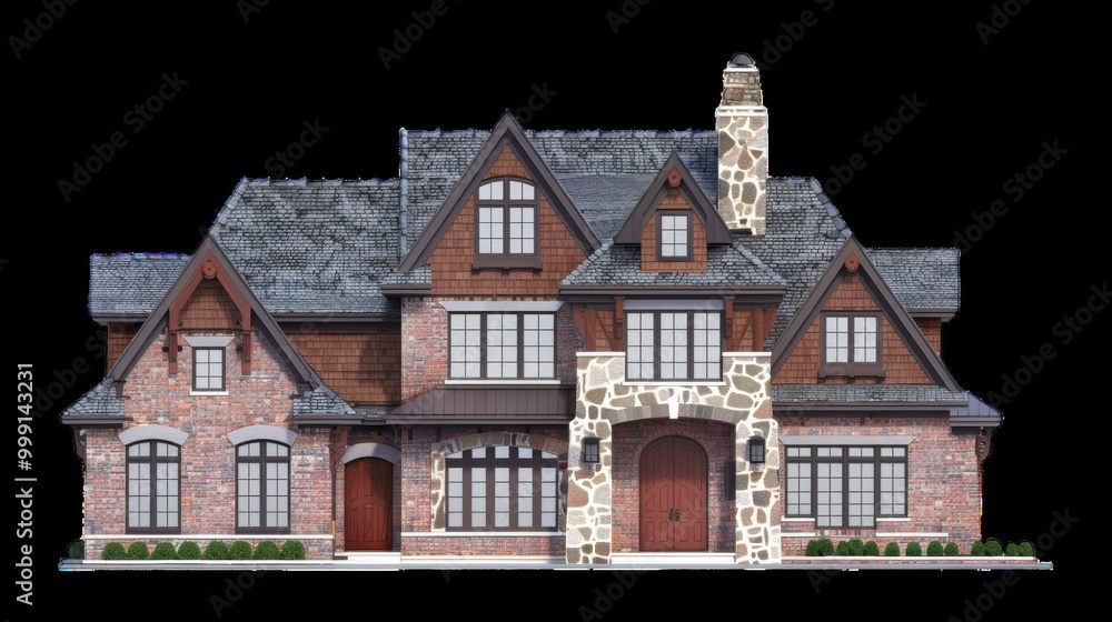 Elegant two-story brick house with stone accents in daylight Elegant two-story brick house with stone accents in daylight