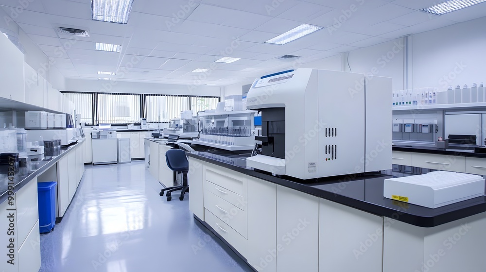 A modern, well-equipped laboratory with various scientific equipment, including a centrifuge and analytical instruments, in a clean and sterile environment. A modern, well-equipped laboratory with various scientific equipment, including a centrifuge and analytical instruments, in a clean and sterile environment.