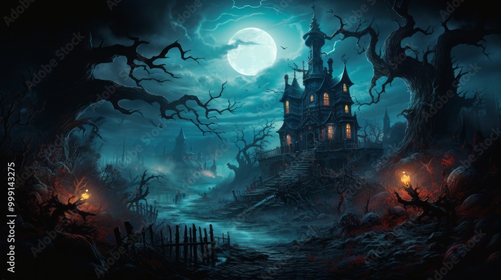 Old haunted house with pumpkins in spooky dark forest. Old haunted house with pumpkins in spooky dark forest.