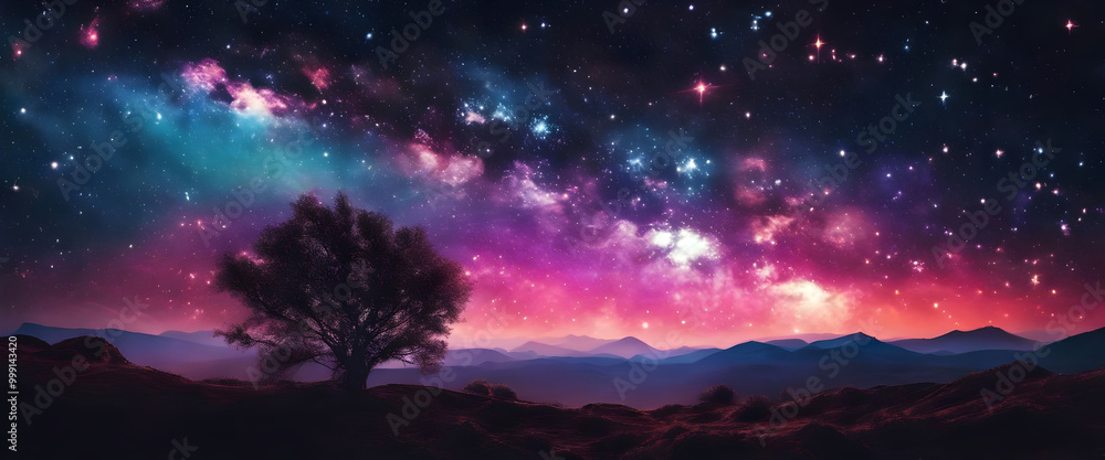 Naklejka premium Silhouette of Tree Against Starry Night Sky