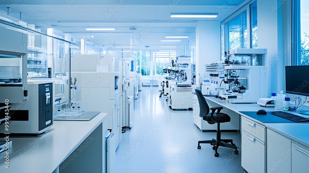 A sterile, modern laboratory with white walls and equipment, featuring a workstation with a computer and a black office chair, and a view of greenery through a large window. A sterile, modern laboratory with white walls and equipment, featuring a workstation with a computer and a black office chair, and a view of greenery through a large window.