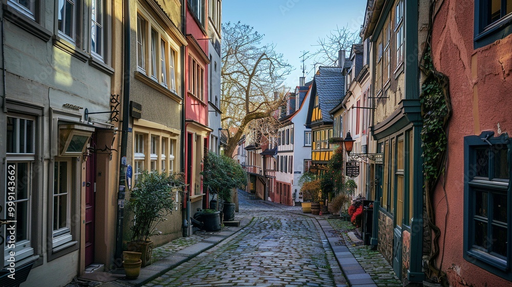 Fototapeta premium Cobblestone street lined with historic buildings in a European town