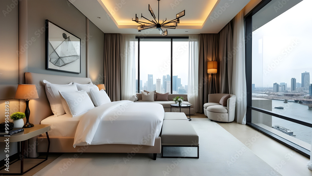 Modern Hotel Suite Bedroom with City View Modern Hotel Suite Bedroom with City View
