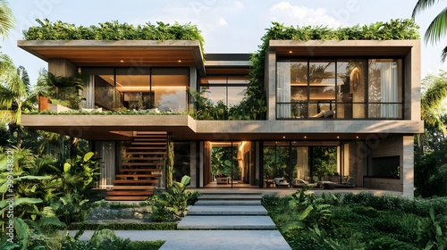 Modern luxury villa with green roof and lush tropical garden.