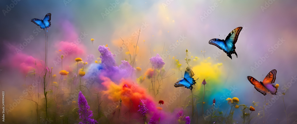 Fototapeta premium Butterflies Flying over Colorful Flowers in Smoke