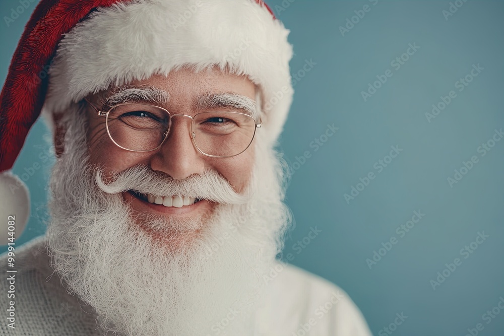 Naklejka premium A Joyful Santa Claus Smiling Warmly Against a Blue Background, Spreading Holiday Cheer During the Festive Season