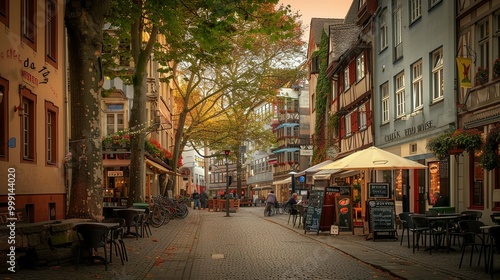 Cobblestone Street with Outdoor Cafe and Old Buildings in Germany