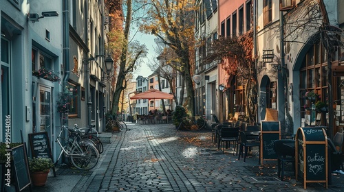 Cobblestone Alleyway with Outdoor Seating and Bikes photo