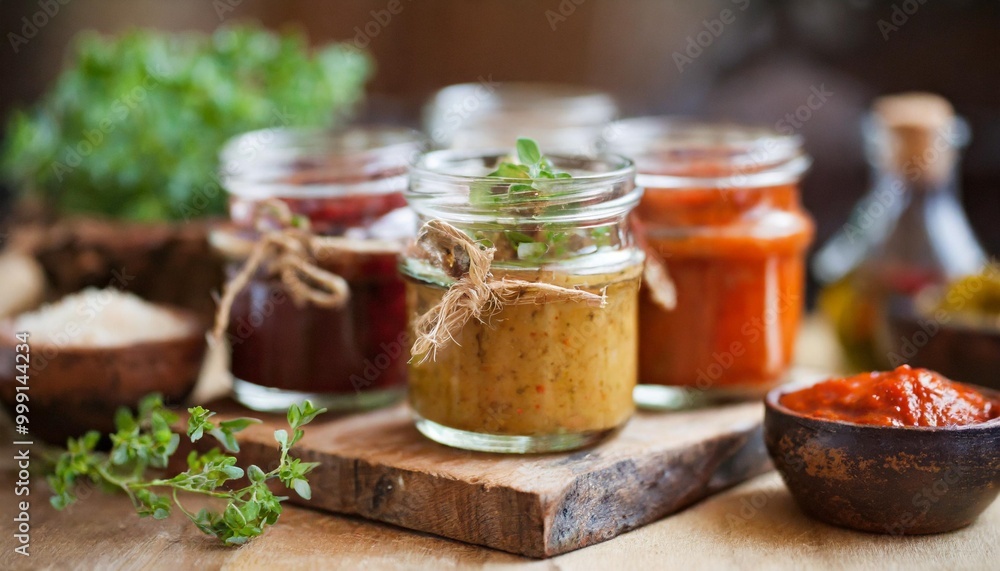 Rustic condiment jars with depth of field showcasing homemade relishes and chutneys Rustic condiment jars with depth of field showcasing homemade relishes and chutneys