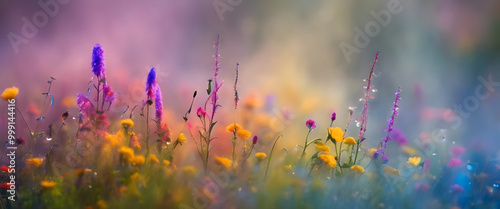 Colorful Wildflowers in Foggy Field