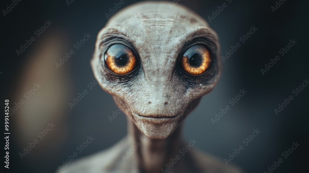 Fototapeta premium An alien creature with large, striking eyes and pale skin stands curiously in a dimly lit forest at twilight