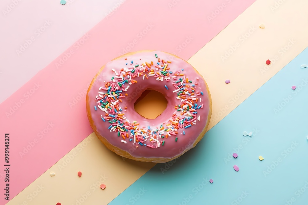Pink Glazed Donut with Sprinkles on Colorful Background Pink Glazed Donut with Sprinkles on Colorful Background