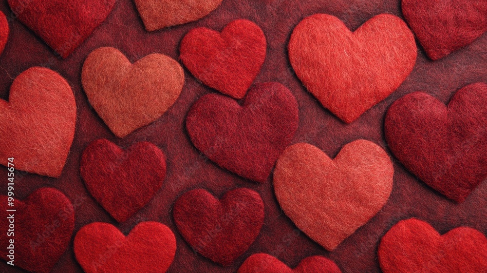 Obraz premium Red felt hearts are arranged densely on a deep background, showcasing a romantic vibe perfect for celebrations or decorations