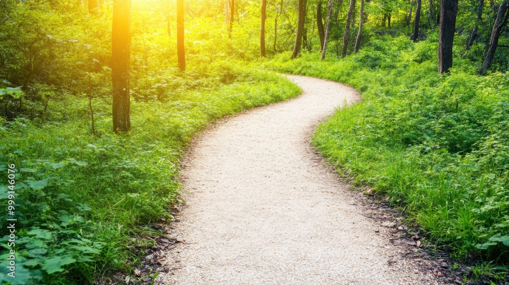 A tranquil winding path leads through lush greenery, illuminated by gentle sunlight filtering through the trees A tranquil winding path leads through lush greenery, illuminated by gentle sunlight filtering through the trees