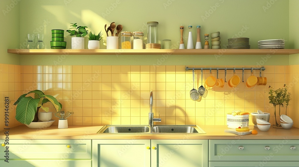 Modern Kitchen with Yellow Tile Backsplash and Green Cabinets Modern Kitchen with Yellow Tile Backsplash and Green Cabinets