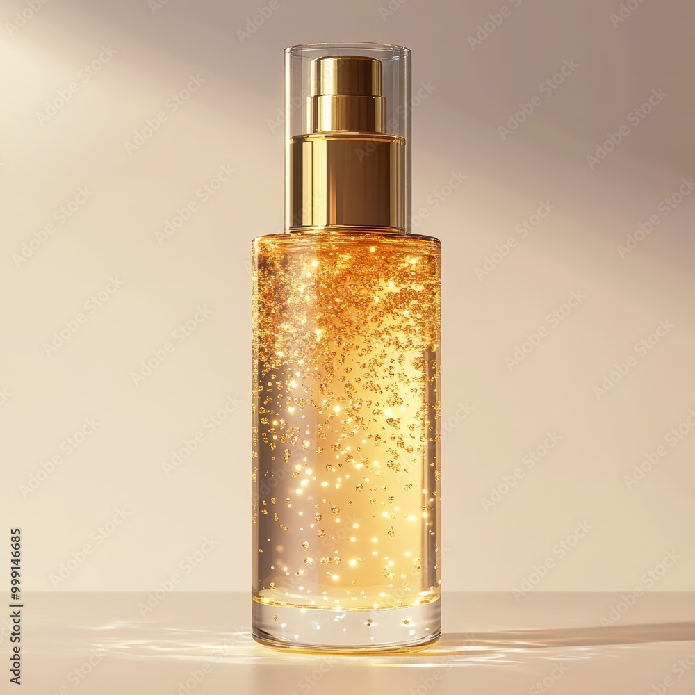 A chic rendering of a transparent serum bottle, showcasing the golden liquid inside. The bottle is displayed against a clean surface, emphasizing its nourishing properties A chic rendering of a transparent serum bottle, showcasing the golden liquid inside. The bottle is displayed against a clean surface, emphasizing its nourishing properties