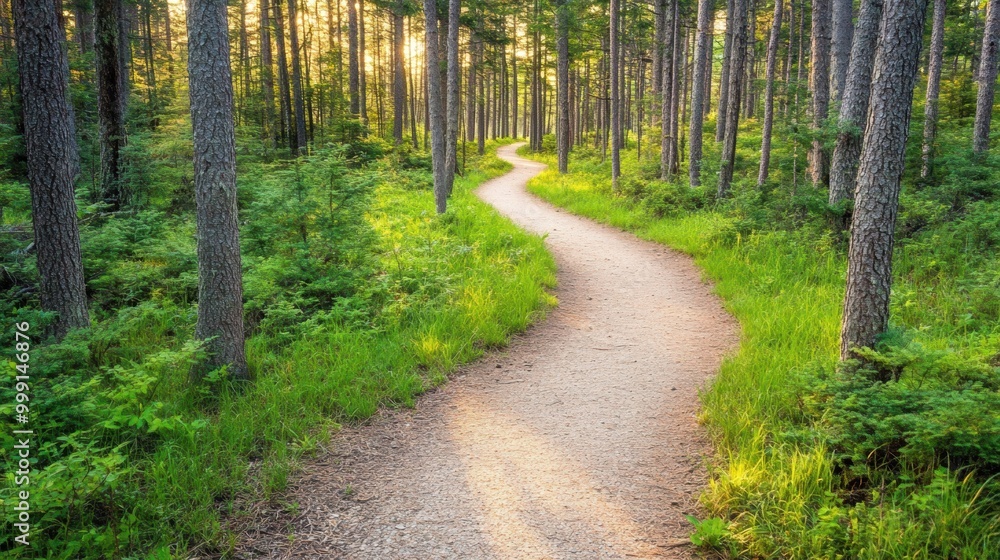 Fototapeta premium The winding forest path invites exploration as soft sunlight filters through tall trees, creating a serene atmosphere