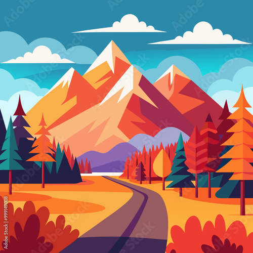 Landscape of mountain empty road in autumn with pines, bushes, orange grass Flat colorful vector illustration