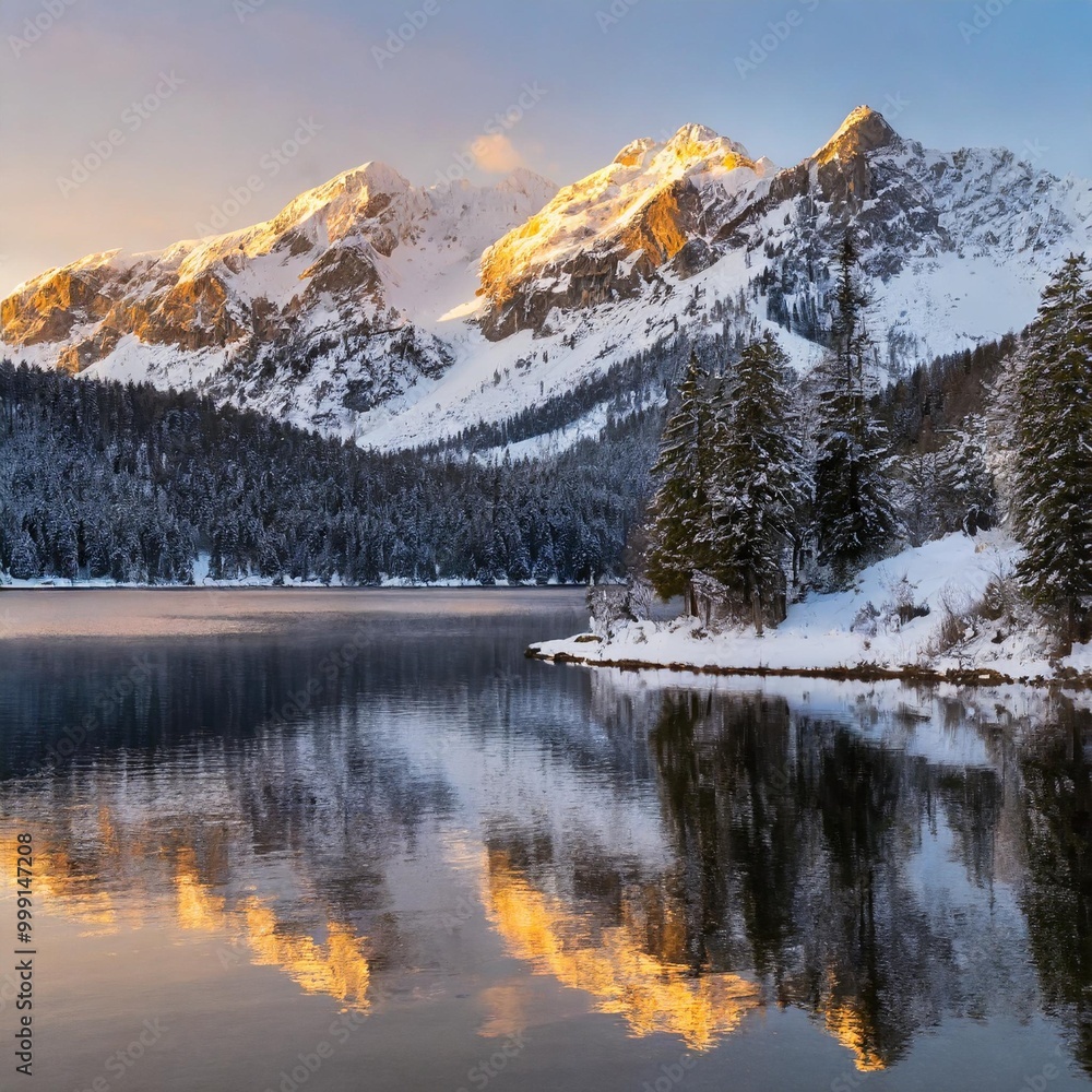 Serene snow-capped peaks at sunrise with golden light touching the mountain tops Serene snow-capped peaks at sunrise with golden light touching the mountain tops