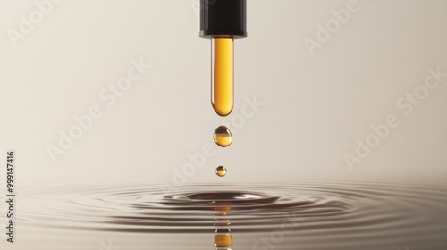 A modern dropper filled with a nourishing facial oil, suspended above a soft surface, creating a beautiful reflection. The dropper highlights the product's luxurious and effective qualities photo