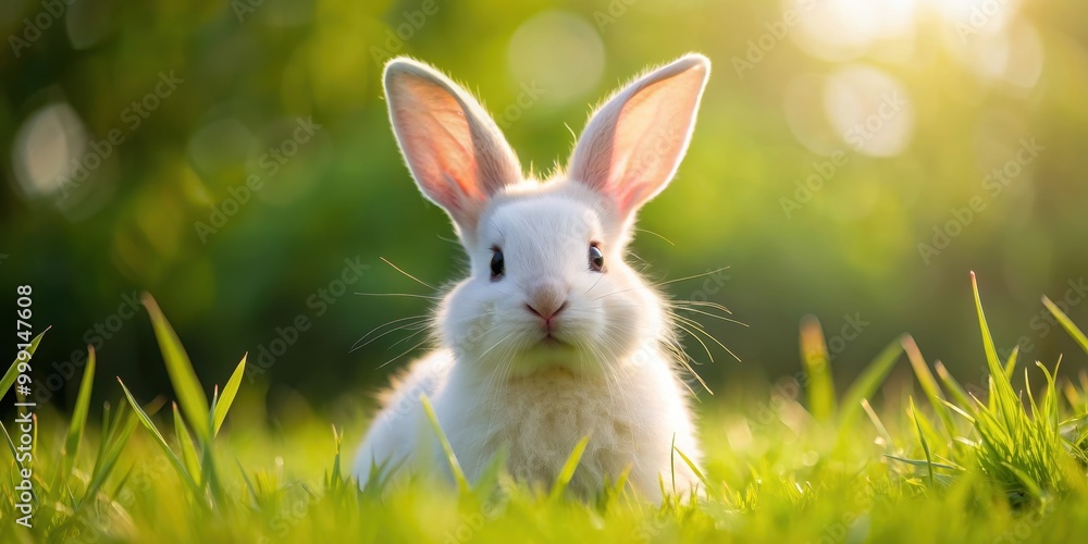 Obraz premium Playful bunny with fluffy white fur, long ears, and a twitching nose in a grassy field, rabbit, cute, fluffy, animal, pet, furry
