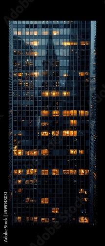 Illuminated windows of skyscrapers at dusk in the city