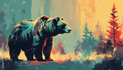 Bear character escaping the chaos of the digital world in a vibrant graphic design composition photo