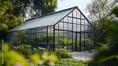 A large glass greenhouse with a black frame and a door stands in a garden surrounded by leafy plants and flowers.