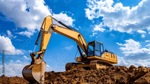 Fototapeta Naklejka Na Ścianę i Meble -  Excavator working on a construction site against blue sky with clouds