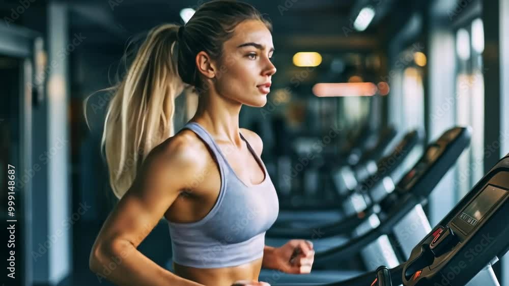 Cardio Power: Woman Jogging on Treadmill in Fitness Studio Cardio Power: Woman Jogging on Treadmill in Fitness Studio