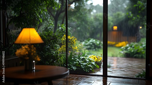 A lamp glows on a table near a window as rain falls outside, creating a cozy atmosphere.