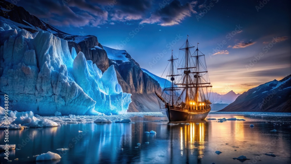 Obraz premium Historical ship navigating icy waters near towering glaciers at night, ship, historical, icy waters, glaciers, night
