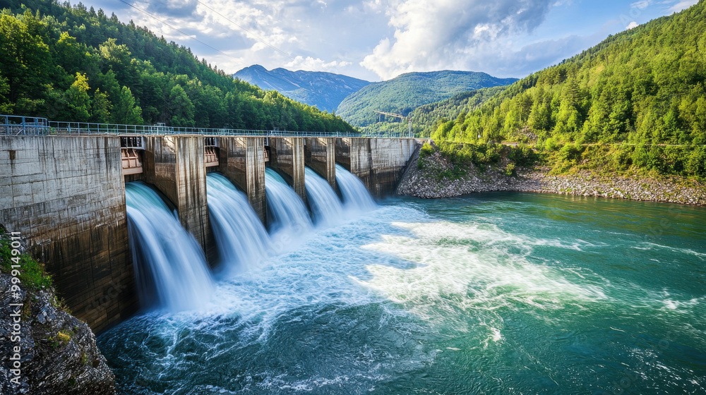 A large hydroelectric dam with cascading water flows, surrounded by lush green mountains and clear blue skies, showcasing nature's beauty and engineering marvel. A large hydroelectric dam with cascading water flows, surrounded by lush green mountains and clear blue skies, showcasing nature's beauty and engineering marvel.