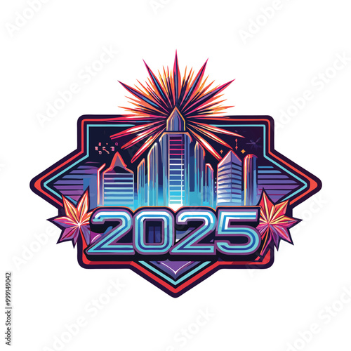 Futuristic cityscape with neon lights and fireworks exploding in the sky, in a digital art style. The year 2025 is displayed in bold, neon blue font.