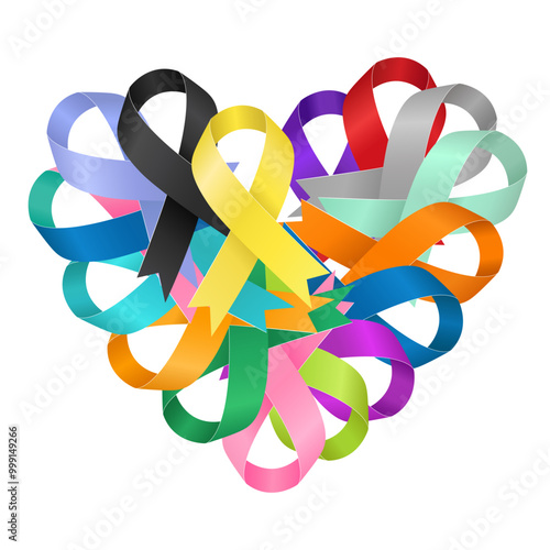 Cancer awareness. Many ribbons of different colors are in heart shape - flat vector illustration.