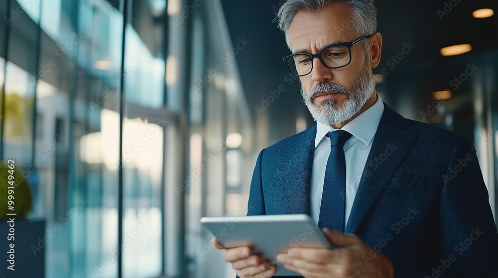 Professional Man Using Tablet in Modern Office Space Professional Man Using Tablet in Modern Office Space