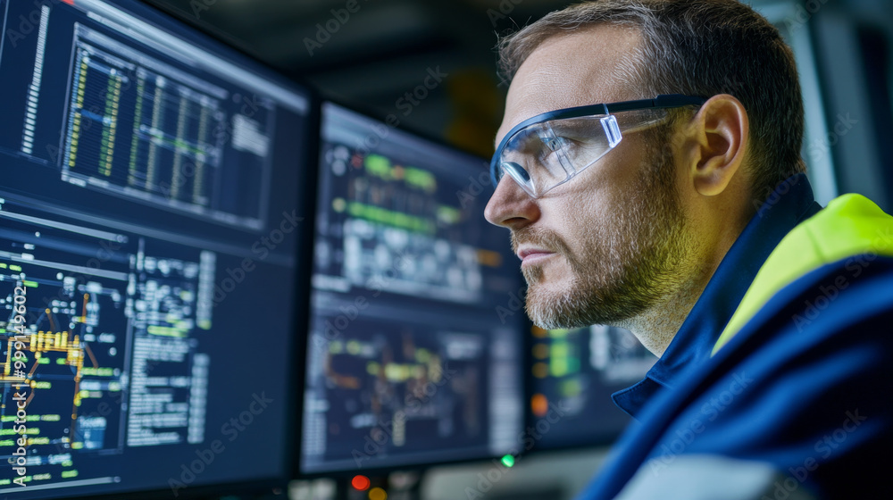A focused engineer wearing safety glasses intently analyzes data on multiple screens, showcasing high tech work environment. His concentration reflects importance of precision in engineering tasks A focused engineer wearing safety glasses intently analyzes data on multiple screens, showcasing high tech work environment. His concentration reflects importance of precision in engineering tasks