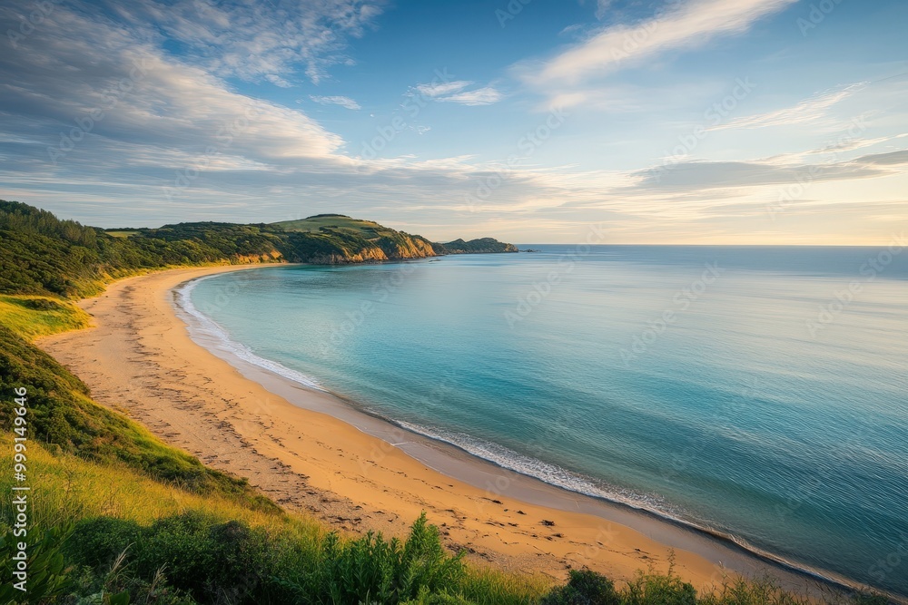 Scenic coastal landscape with sandy beach and turquoise waters Scenic coastal landscape with sandy beach and turquoise waters