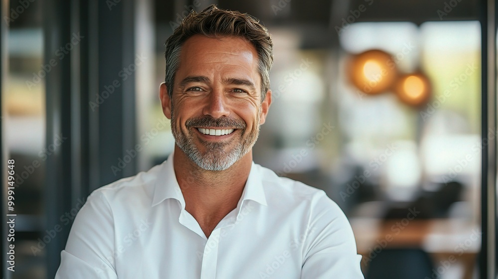 Obraz premium Confident Businessman Smiling in Modern Workspace